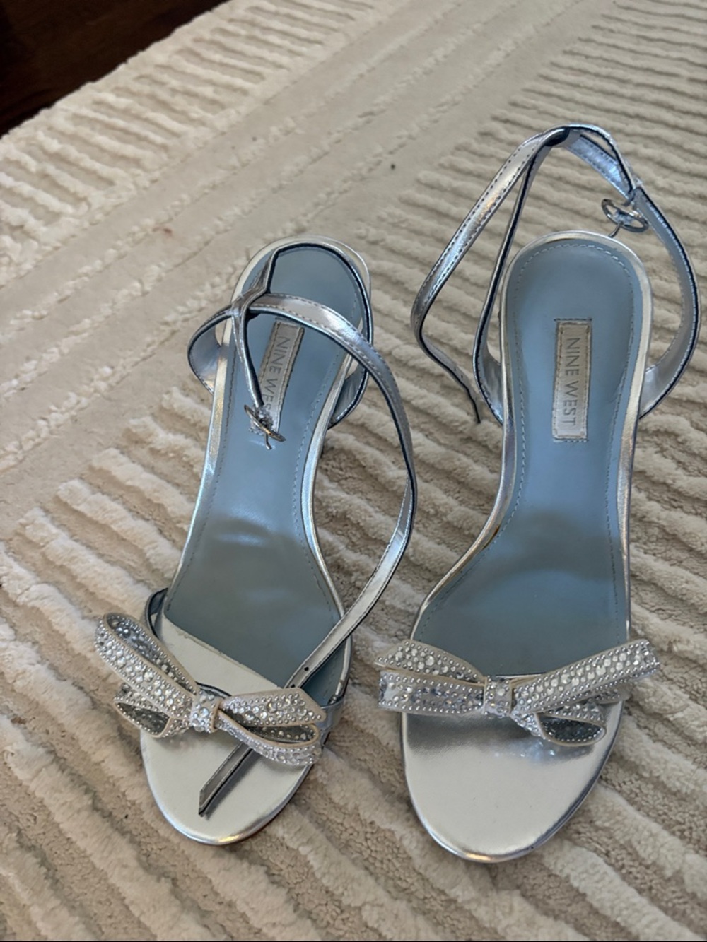 Nine West Silver Crystal Bow Ankle-Strap Heels
